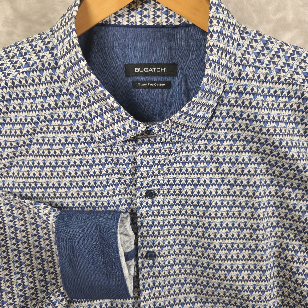 Bugatchi Flip Cuff‎ Men's Blue And White Patterned Shirt Size XXL